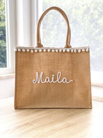 Borsa Juta Personalizzata con Nome e Pompon