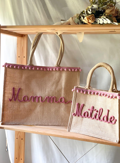 Borsa Juta Personalizzata con Nome e Pompon