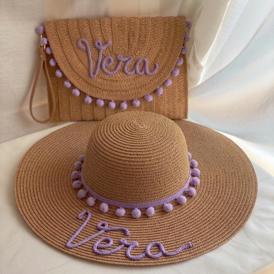 Set in Paglia Personalizzato - Cappello e Borsa con Nome