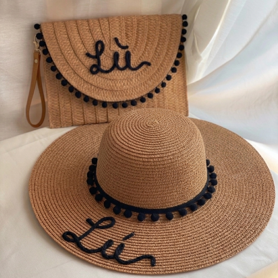 Set in Paglia Personalizzato - Cappello e Borsa con Nome