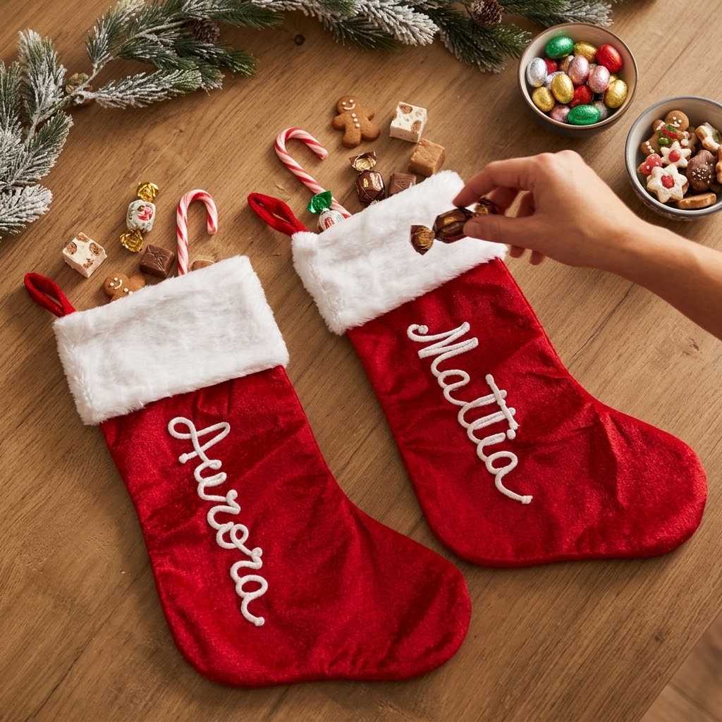 calze natalizie con nome personalizzato e dolcetti